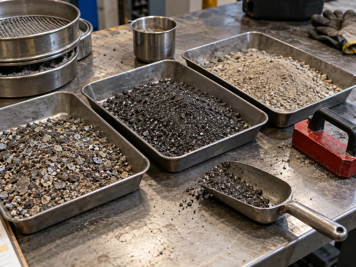 Muestras representativas de mineral dispuestas en bandejas para ensayos de separación magnética.