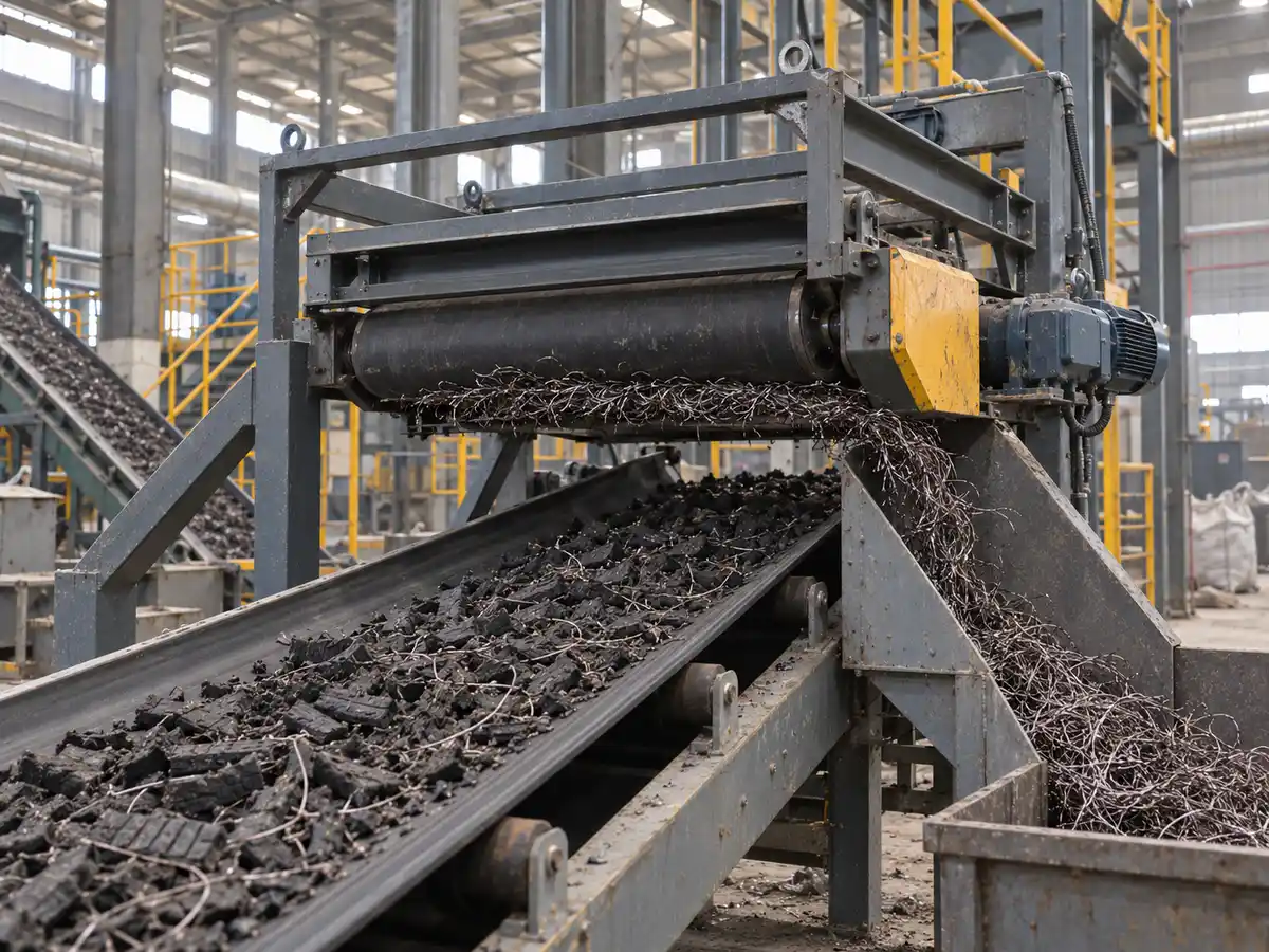 Self-cleaning overband magnetic separator removing liberated tire steel wire from a recycling conveyor
