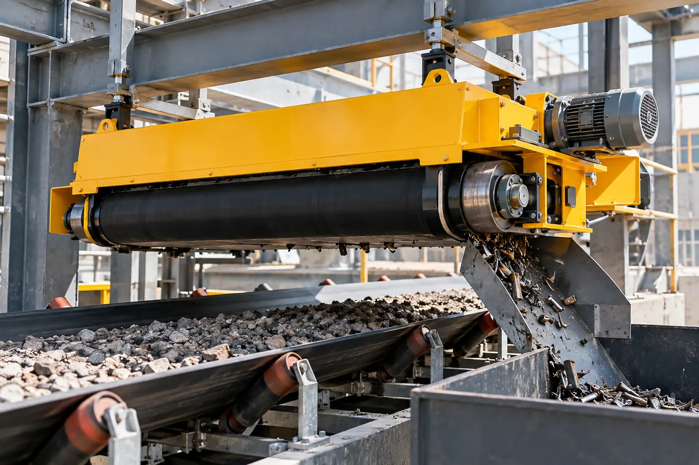 Self-cleaning suspended magnetic separator installed above a quarry conveyor with a driven cleaning belt for automatic ferrous discharge.