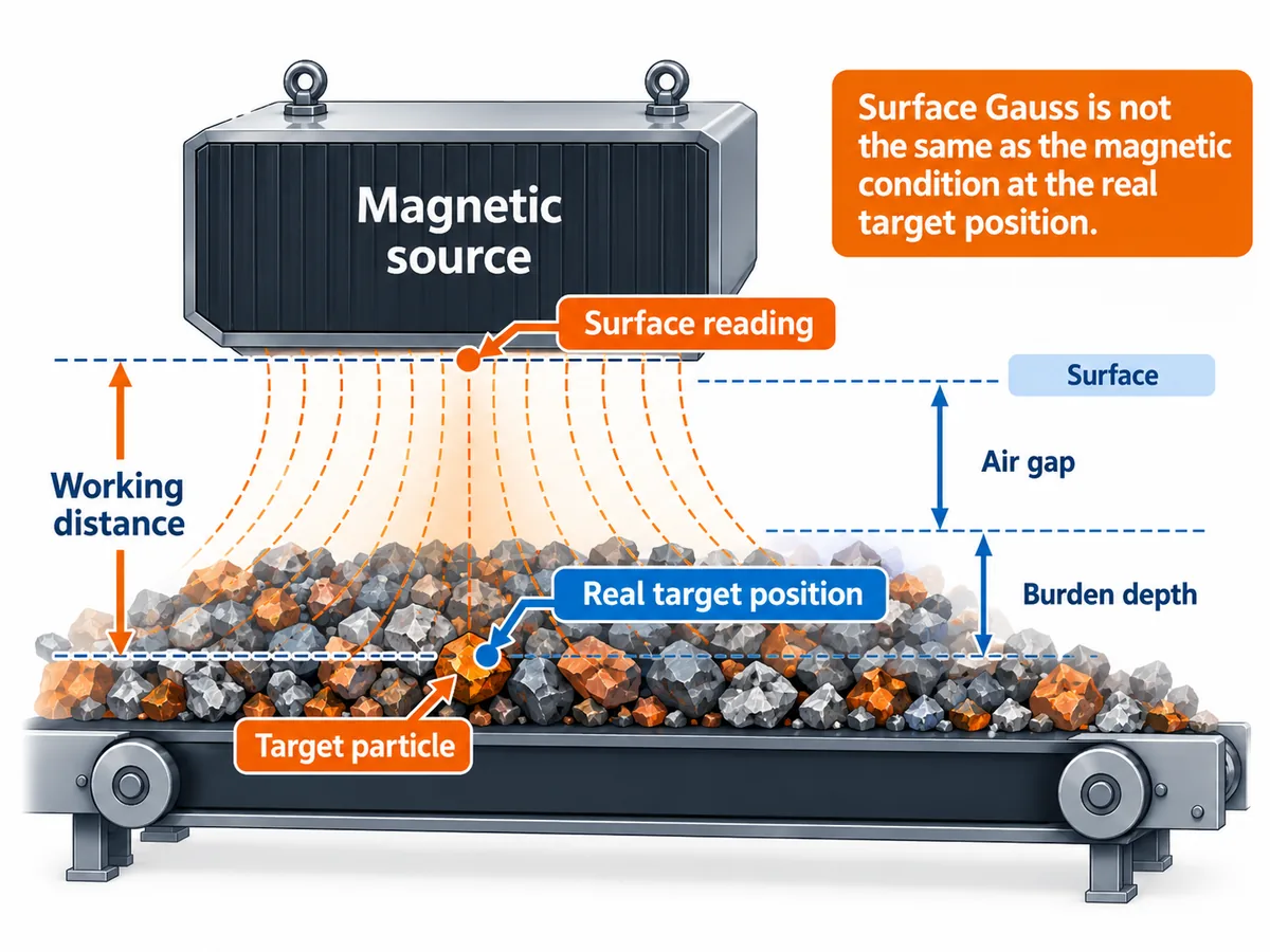 Messdiagramm zur Magnetmessung, das den Gauss-Messwert an der Oberfläche mit der tatsächlichen Zielposition und dem Arbeitsabstand vergleicht