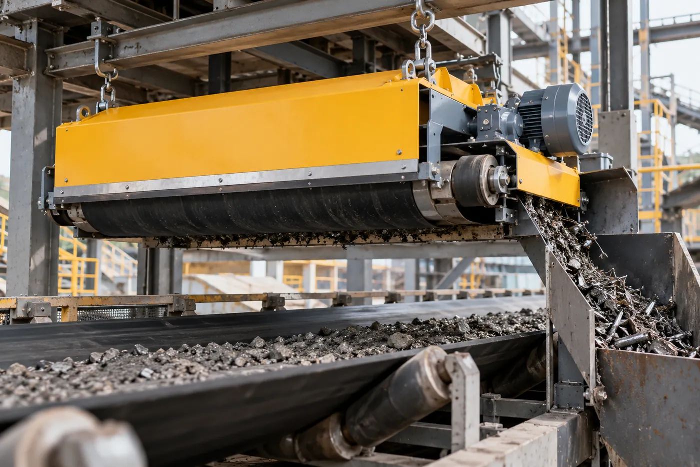 Suspended magnetic separator installed above a rock conveyor with surrounding steelwork and maintenance access space.