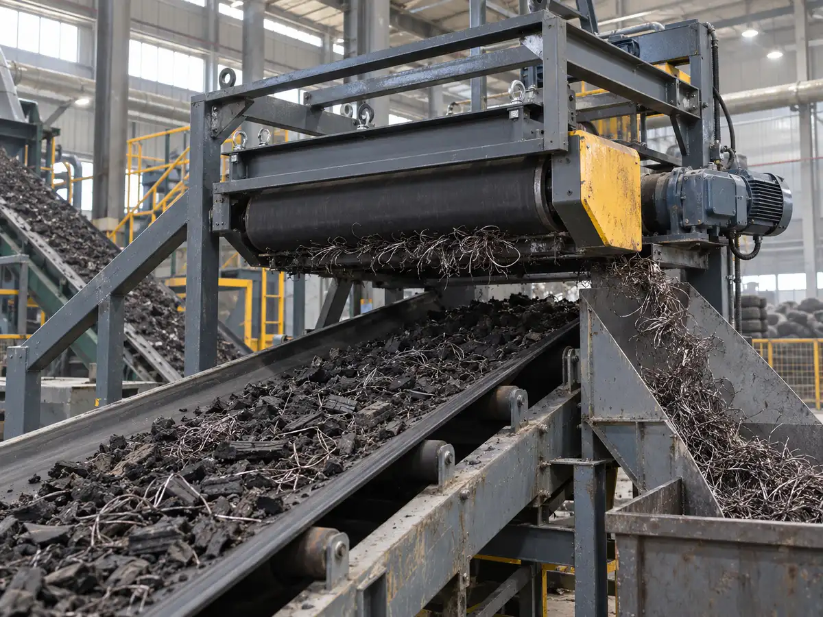 Tire recycling magnetic separator line recovering liberated steel wire from shredded tire rubber