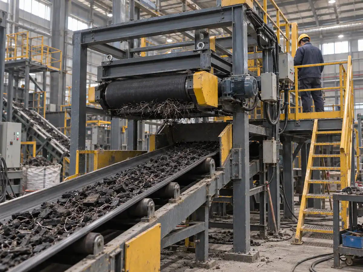 Magnetic separator installation above a tire recycling conveyor with maintenance platform and structure