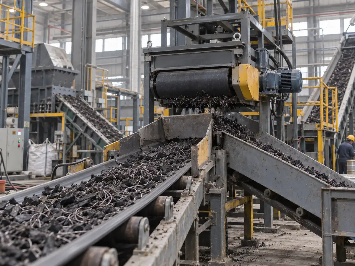 Tire recycling process stage with shredder discharge conveyor and magnetic separation point