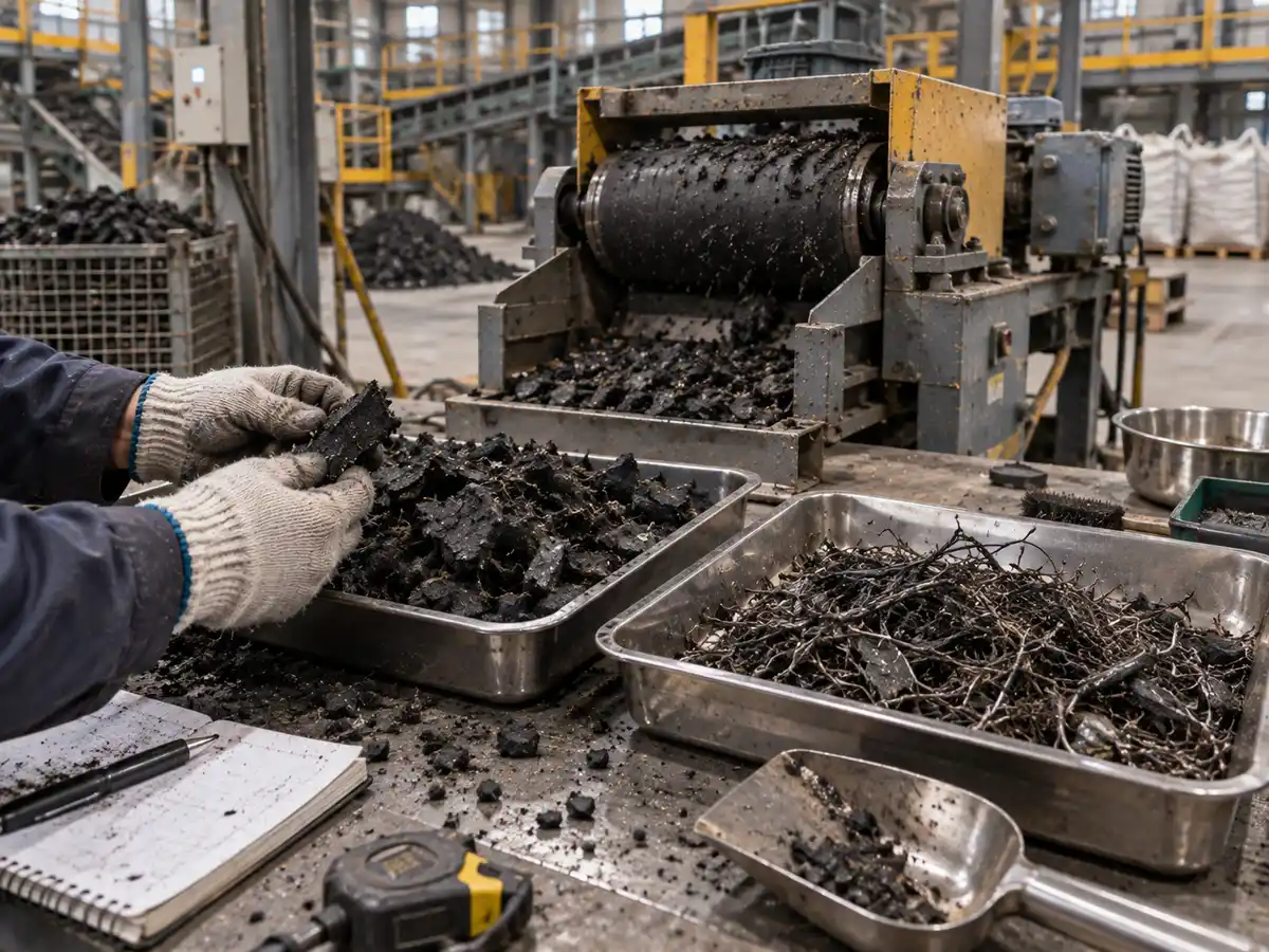 Tire rubber and steel wire material test for magnetic separator review in a factory workspace