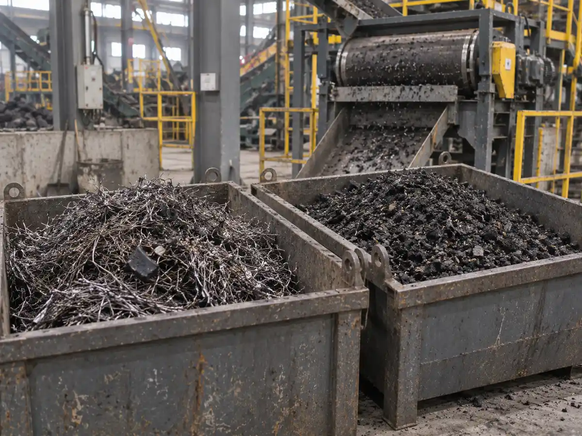 Recovered tire steel wire and rubber fractions in separate industrial collection bins