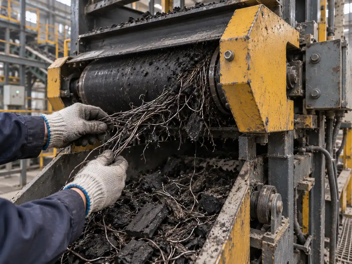 Stopped-machine inspection of tangled tire steel wire near magnetic separation equipment