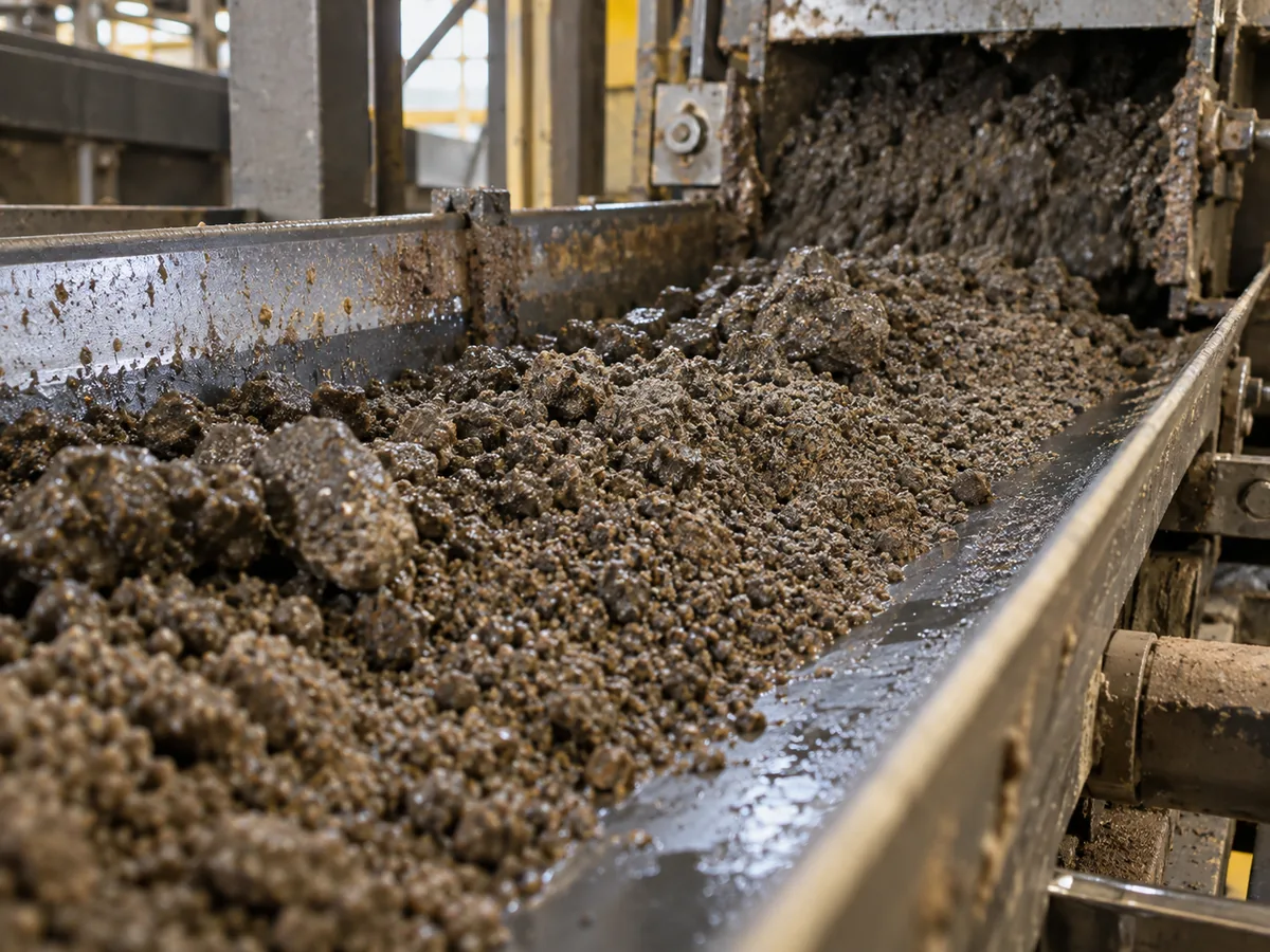Alimentación de mineral húmeda y apelmazada que se desplaza por un transportador antes de la separación magnética.